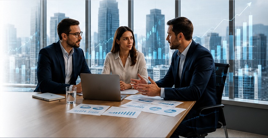 Equipe analisando soluções financeiras